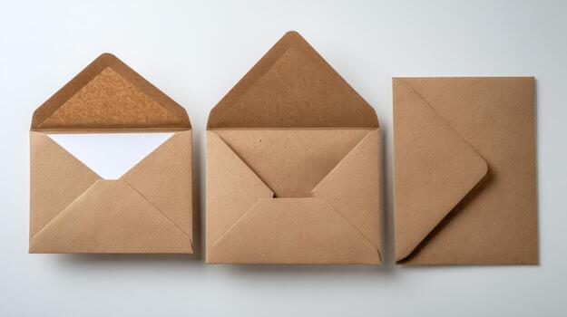 Brown Envelopes Mockup Displayed in Three Different States Opened, Partially Open, and Closed Isolated on White photo