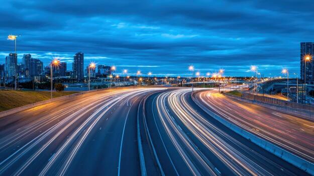Cityscape at Twilight Highway Traffic Trails with Modern Buildings in the Background during Blue Hour photo