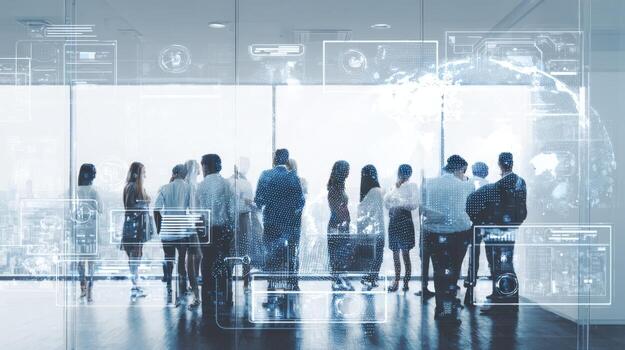 Diverse Business Team Contemplating Future Technology Near Window with Global Network Interface Display and Data Visualization photo