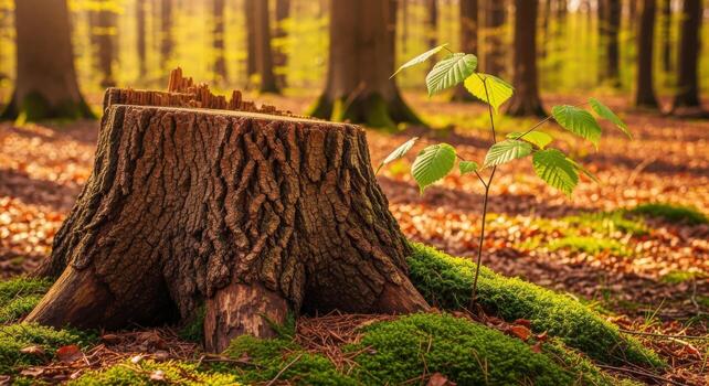 Renewal Concept Sprout Growing from Tree Stump in Forest, Signifying Hope and New Life photo