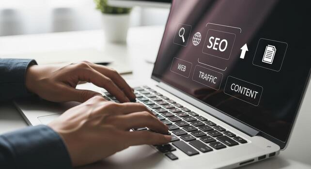 SEO Specialist Optimizing Content Strategy and Website Traffic Using Laptop for Digital Marketing Success photo