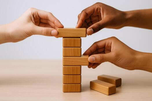 Diverse Hands Building Wooden Blocks Tower Teamwork, Strategy, and Collaboration Concept for Business Success photo