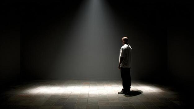 Man Standing in Spotlight in Dark Room, Low Key Lighting, Concept of Focus and Attention photo