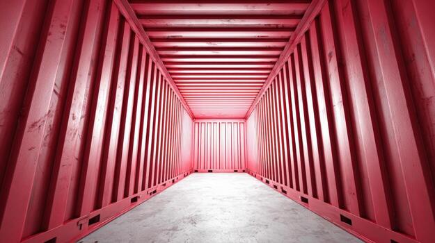 Inside View of Empty Shipping Container, Red Color, Logistics and Global Trade Concept photo