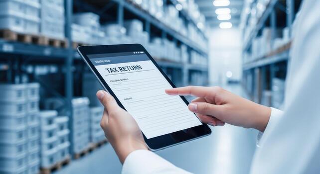 Tax Return Submission on Digital Tablet in Warehouse, Streamlining Financial Operations and Inventory Management photo