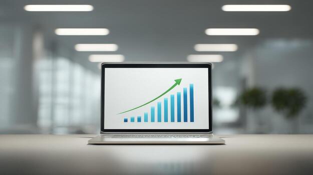 Laptop Displaying Growth Chart on a Desk in Modern Office Illustrating Business Success and Financial Performance photo