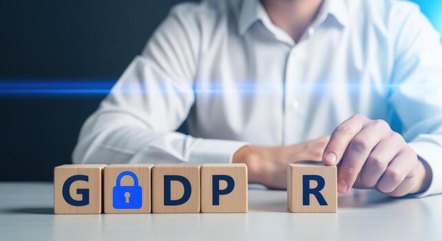 GDPR Compliance Concept Person Arranging Wooden Blocks Spelling GDPR for Data Protection and Privacy photo