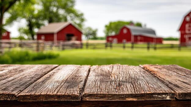 Rustic Wooden Tabletop with Farm Background, Perfect for Product Display or Food Photography in a Country Setting photo