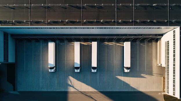 Aerial View of Delivery Trucks at Loading Dock, Logistics Hub for Transport and Distribution photo