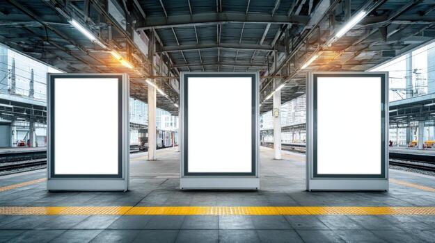 Three Blank Advertisement Billboards at Train Station Platform, Ready for Customization and Promotional Content photo