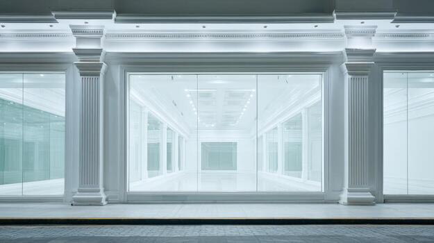 Elegant Storefront with White Columns and Glass Windows Offering a Glimpse into a Modern Interior photo