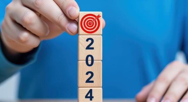 Setting Goals for 2024 Hand Stacking Wooden Blocks with Target Icon, Achieving Success photo