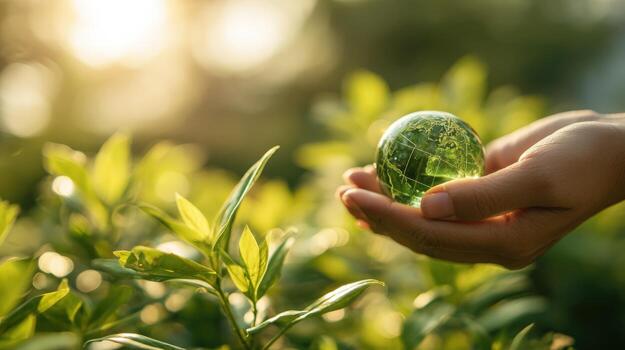 Fragile Earth A Transparent Globe Held Gently in Hands Amidst Lush Greenery, Representing Environmental Responsibility photo