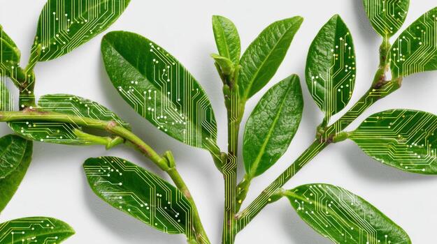 Green Technology Concept Plant Leaves Integrated with Circuit Board Patterns Symbolizing Sustainable Tech and Environmental Innovation photo