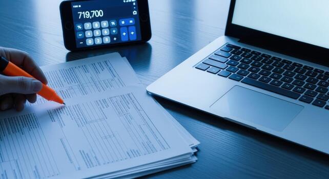 Tax Season Analyzing Financial Documents with Laptop and Calculator for Accurate Filing photo