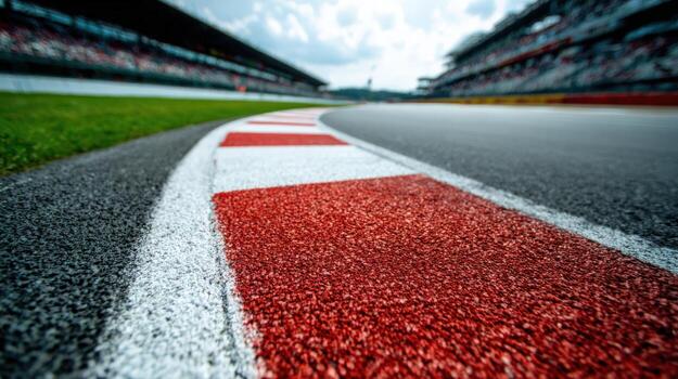 Close-up View of a Motorsport Racetrack Corner with Grandstands in the Background Under Cloudy Sky photo