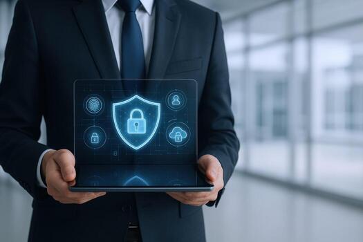Businessman holding tablet with security shield, lock icon Data protection and cyber security concept photo