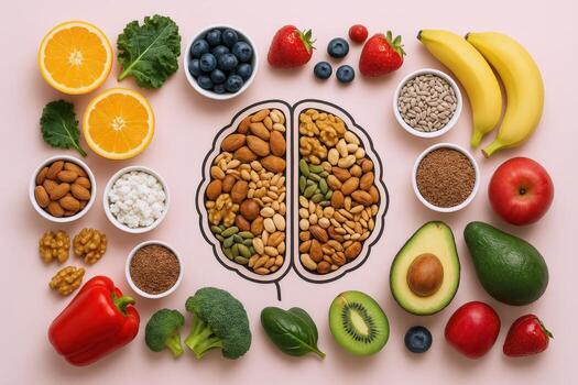 sano cerebro comida concepto con frutas, verduras, semillas y nueces arreglado alrededor un cerebro contorno foto