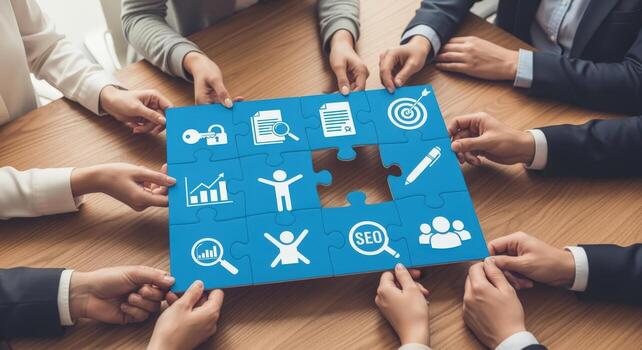 Business Team Assembling Puzzle with SEO and Data Icons on Tabletop for Strategic Solutions photo