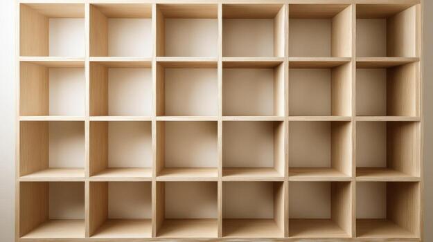 Wooden Shelving Unit with Multiple Empty Cubes, Storage System, Organization, Retail Space, Modular Design photo
