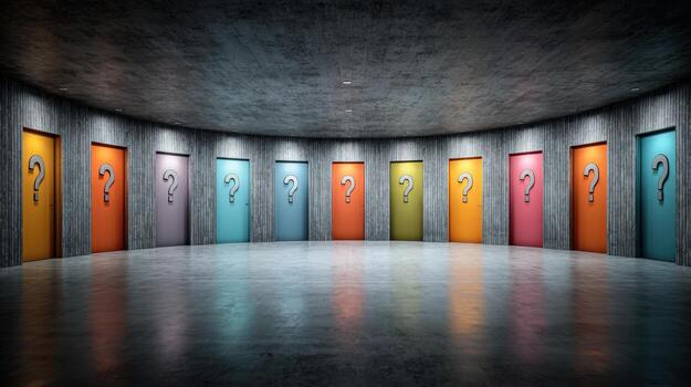 Conceptual choice, decision-making Doors with question marks in a circle Represents options, opportunities, uncertainty in business and life photo