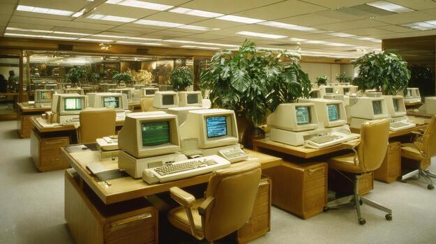Vintage Computer Lab with Desks and Green Potted Plants, Representing Retro Technology Era photo