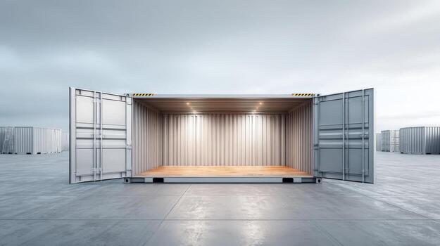 Empty Shipping Container with Open Doors on Concrete Surface Under Overcast Sky for Logistics Concepts photo