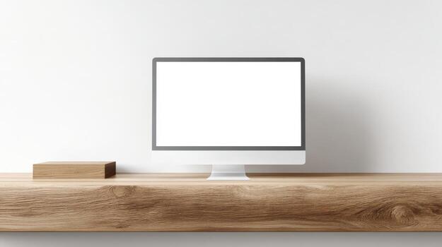 Modern Computer on Wooden Shelf with Blank White Screen for Mockup or Presentation Display photo