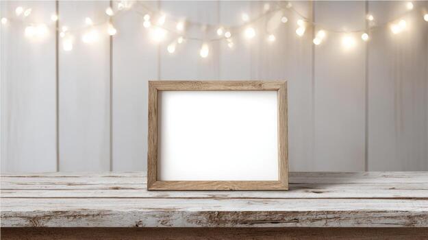 Rustic Wood Frame Mockup on Whitewashed Table with Bokeh Lights for Holiday Display photo