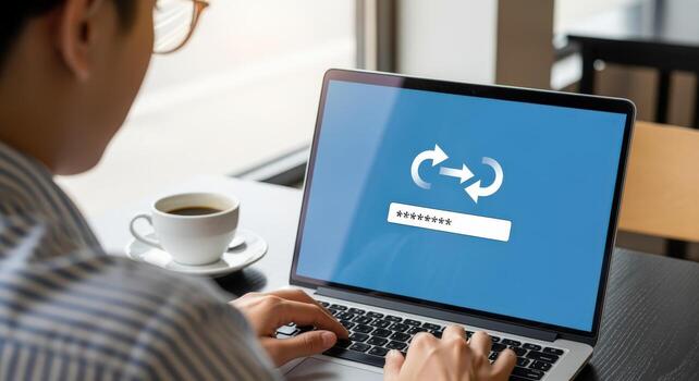 Man Typing on Laptop Showing Password Reset Screen with Coffee in Cafe Setting photo