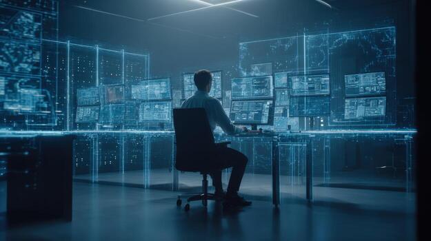 Data Scientist Working in Futuristic Control Room Analyzing Data on Multiple Computer Screens photo
