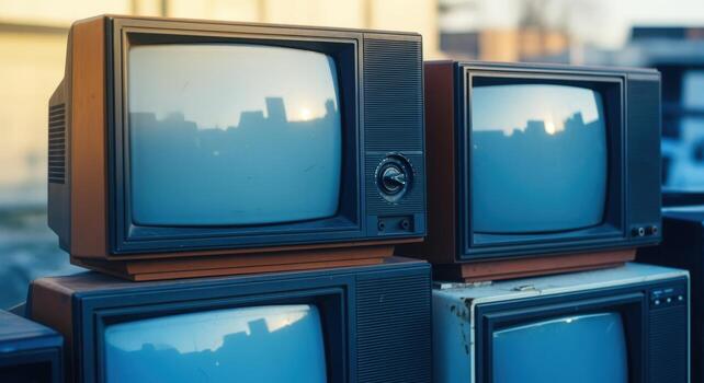 Stack of Obsolete Televisions Displaying Reflections of the Cityscape, Nostalgic Era Technology and Visual Media photo