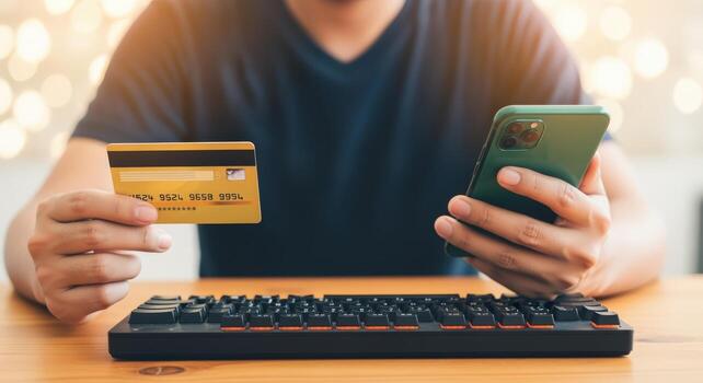 Online Shopping with Credit Card Man Uses Smartphone for Secure Payment Transaction, Modern Technology photo