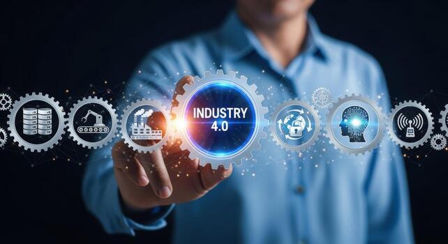 Industry 40 Concept Person touching virtual interface with advanced automation, data exchange, and manufacturing technologies illustrated in gears photo