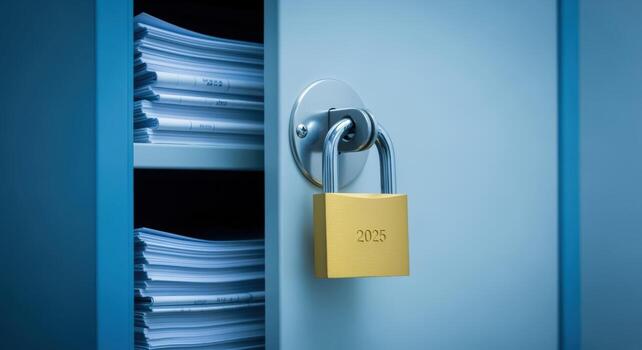 Locked Filing Cabinet with Documents Data Security, Information Governance, and Protection of Confidential Files photo