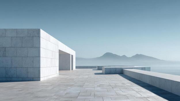 Minimalist Architecture Overlooking the Ocean with Mountain Backdrop on a Sunny Day photo