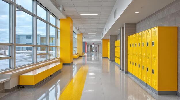 Brightly Colored School Hallway with Lockers and Natural Light from Large Windows Creating a Modern Space photo