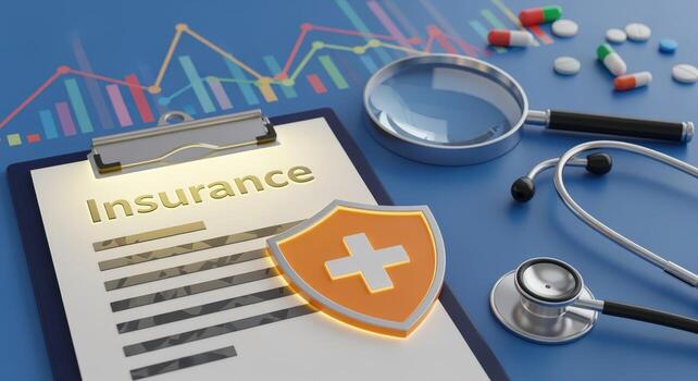 Healthcare Insurance Policy Concept with Stethoscope, Magnifying Glass and Pills on Blue Background, Representing Coverage and Financial Security photo