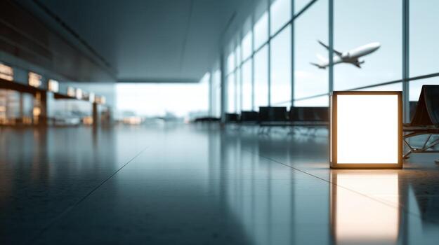 Blank Advertising Billboard Display at Airport Terminal with Airplane Taking Off, Mockup Template for Marketing photo