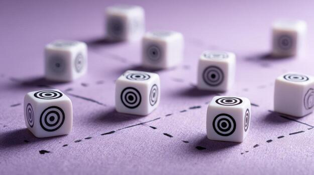 Conceptual Network White Dice with Target Symbols on a Purple Background, illustrating Connections and Strategy photo