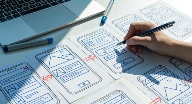 UI UX Designer Sketching Mobile App Interface on Paper for Web Development Process photo