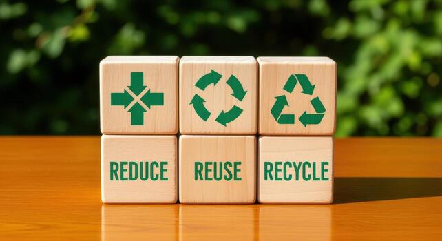 Reduce, Reuse, Recycle Concepts Displayed on Wooden Blocks with Green Foliage Background for Environmental Awareness photo