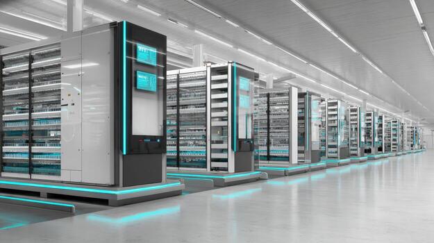 Data Center Infrastructure Modern Server Room with Rows of Computer Racks for Cloud Computing photo