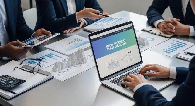 Business Team Discussing Web Design on Laptop in Meeting, Analyzing Data and Planning Strategy photo