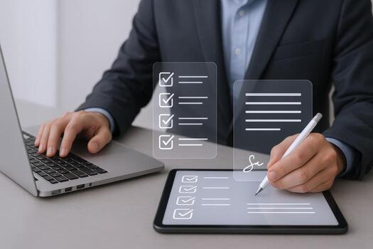 Man signing digital document with checklist using pen on tablet, laptop on the side in office photo