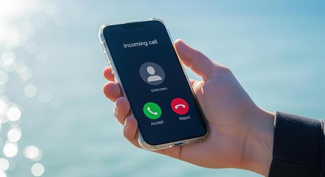 Person Holding Mobile Phone Displaying Incoming Call Notification with Blue Bokeh Background photo