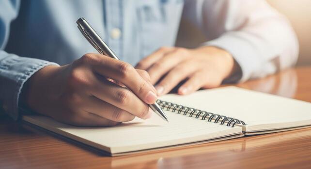 Close-up of Person Writing in Notebook with Pen, Business, Education and Creative Concepts photo