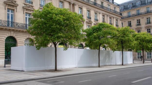 Urban street scene featuring trees, temporary white barriers, classic architecture, and an empty street during the daytime photo