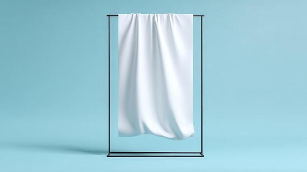 Elegant White Fabric Drape on Minimalist Black Frame Against Soft Blue Backdrop for Product Showcase photo