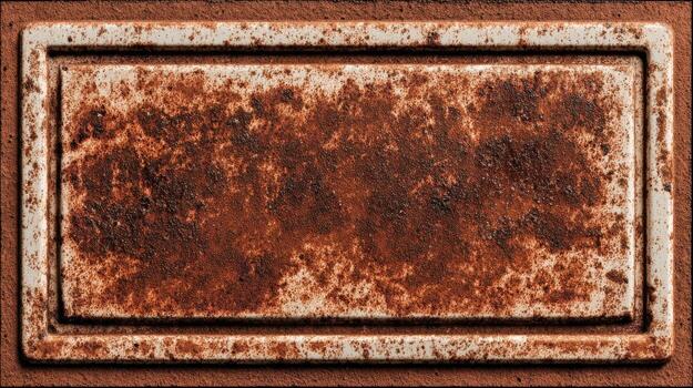 Rusty Metal Plate Background with Frame, Corrosion Texture, Oxidized Surface, Weathered Steel, Industrial Design Element photo